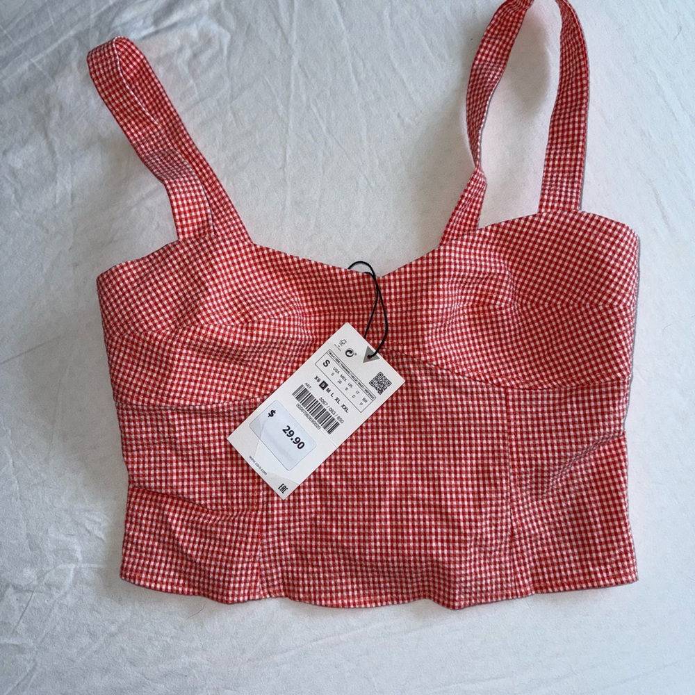 Zara orange and white gingham top nwt size small